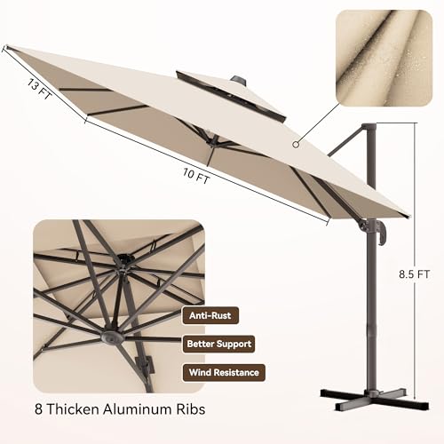 10x13 FT Patio Umbrella, Large Cantilever Rectangular Double Top Heavy Duty Offset Umbrellas with 360° Rotation, Outdoor shade for Garden Deck Pool Patio, Beige - color: Beige, size: 10x13 FT