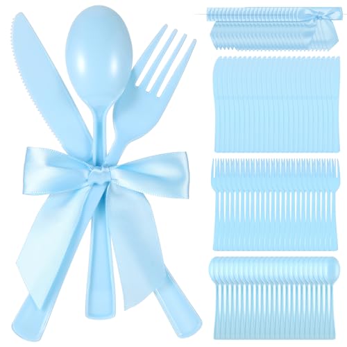 Minatee 25 Sets Light Blue Plastic Cutlery Set with Twist Tie Bows, Heavy Duty Tableware Disposable Forks Knives Spoons Silverware Utensils Set for Coquette Birthday Bow Party Table Setting Picnics - color: Light Blue