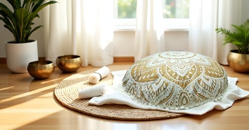 Craft Kala Large Round Bohemian Floor Pillow Cover Boho Pouf Cover Mandala Meditation Room Pillows Cover Adults Seating Poufs Cushion Cover for Kids Reading Playroom White Gold Flower 32 Inch