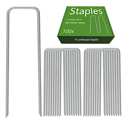 AAGUT 100 Pack 6 Inch Landscape Staples 11 Gauge Garden Staples, Galvanized Heavy Duty U-Shaped Sod Pins,Yard Ground Lawn Fence Stakes for Weed Barrier Fabric Irrigation Tubing - color: Silver, size: 6'' x 100Pcs-11Ga