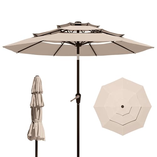 10FT Patio Umbrella 3 Tiers Outdoor Market Umbrella w/Push Button Tilt, Crank, UV and Waterproof Table Umbrella for Garden, Pool, Backyard, Deck, Lawn, Beige - color: Beige
