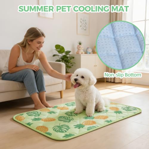 Dog Cooling Mat,15.5" x 19.5"Thicken Self-Cooling Mat for Dog&Cat,Internal Waterproof& Endothermic,Washable Pet Ice Cool Pad Blanket,Pet Sleeping Pad for Indoor Outdoor in Summer, Non-Toxic, Green S - color: Green Pineapple, size: Small 15.5IN x 19.5IN