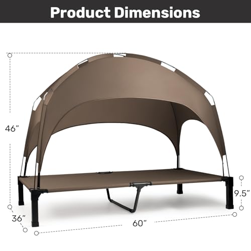 Heeyoo Elevated Dog Bed with Removable Canopy, Portable Dog Cot with Sun Protection Shade Tent, Raised Pet Cooling Cot Bed for Dogs, 60in - color: Brown, size: 60"L x 36"W x 9.5"H