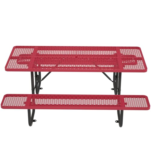 72'' Steel Rectangular Metal Picnic Table for Outdoors, Commercial Picnic Table with Umbrella Hole of Up to 1-1/2" Diameter, for Garden Courtyard BBQ, Red - color: Red
