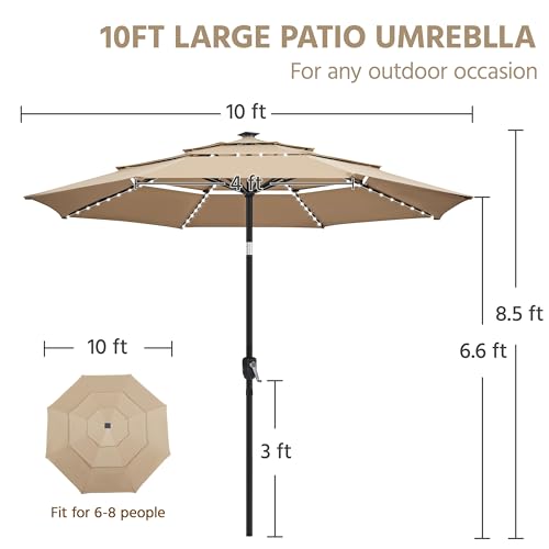 Yaheetech 10ft 3-Tier Solar Patio Umbrella, Outdoor Market Umbrella w/ 24 LED Lights, 8 Sturdy Ribs, Tilt Adjustment, Easy Crank for Garden, Deck, Tan - color: Tan