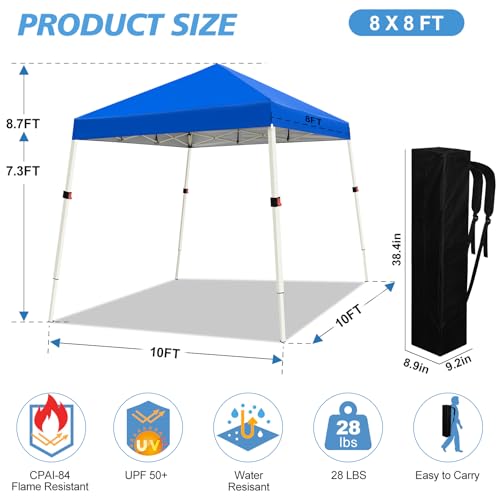 WEIZE 10x10 Slant Legs Pop Up Canopy Tent, 1-Button Push Setup Canopy Tent, Adjustable Height Instant Portable Shelter, Protable Backpack, Easy Outdoor Sun Shade for Events, 8x8 Top, Blue - color: Blue