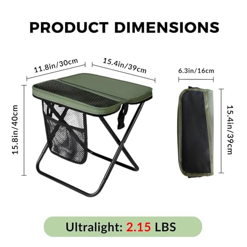 16" Portable Collapsible Stool - Folding Chair with Storage Pouch, Convertible Satchel for Hands-Free Carry & Supports 300Lbs, Ultralight for Hiking, Fishing, Camping, Festivals (Green, Large) - color: Green, size: Large