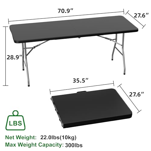 Allpop 6Ft Folding Table for Indoor Outdoor, Fold-in-Half Portable Plastic Dining Table with Carrying Handle for Picnic Party Camping, Black - color: Black, size: 6 Ft