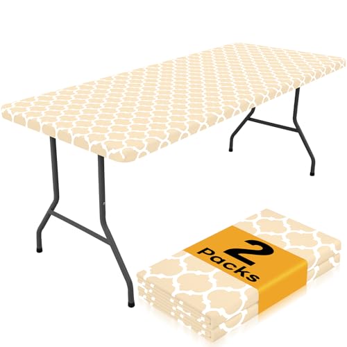 Smiry 2 Pack Rectangle Table Cloth 6 Foot, Waterproof Elastic Fitted Tablecloths, Windproof Washable Polyester Table Cover for Picnic, Camping, Outdoor (Beige, 30"x72") - color: Beige, size: 30"x72"