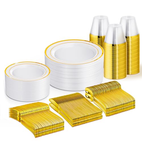 WELLIFE 300 PCS Gold Dinnerware Set for 50 Guests, Gold and White Disposable Plastic Plates for Party, 50 Dinner & Salad Plates, 50 Cups Forks Knives Spoons for Wedding and Party Supplies - color: Gold, size: 50 Guests