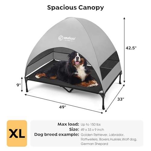 Veehoo Outdoor Dog Bed with Canopy, Cooling Elevated Pet Cot with Removable Shade, Non-Slip Feet, Raised Dog Cot for Large Dogs, Pet Tent Bed for Camping, Beach, XLarge, Black + Grey, CWC2411 - color: Black, size: 49.0"L x 33.0"W x 42.5"Th
