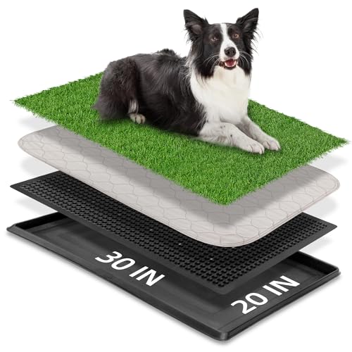 COZIWOW Dog Grass Pad with Tray, 30" x 20" Large Washable Indoor Grass Potty for Puppy Pee Poo Training, Reusable Pet Loo Toilet, 4 Layer System - size: L - 30x20x1.4 IN