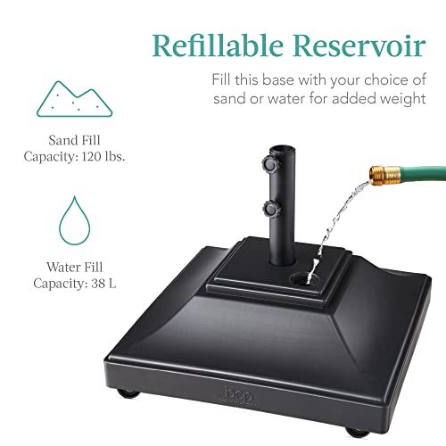 Best Choice Products Fillable Mobile Umbrella Base, Heavy Duty Base, Square Tiered Market Stand for Patio, Deck, Outdoor w/ 4 Wheels, 2 Locks, 2 Knobs, 120lb Capacity - Black - color: Black