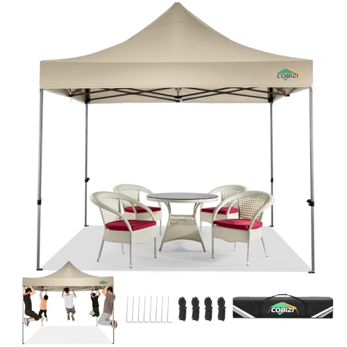 COBIZI 10x10 Pop Up Canopy Tent 10x10 Easy up Canopy, Heavy Duty Outdoor Canopy UPF 50+ All Weather Waterproof Instant Party Tents for Parties Gazebo with Handbag, Khaki(Windproof Upgraded) - color: Khaki, size: 10x10 Without Sidewalls