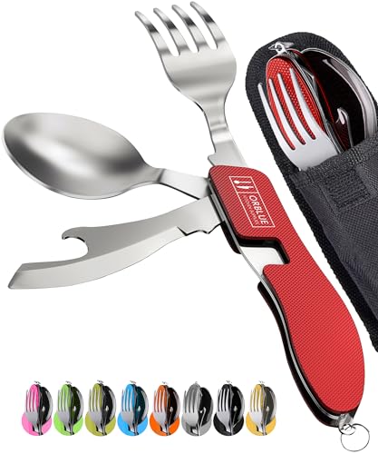 Orblue 4-in-1 Camping Eating Utensils, 2-Pack - Portable Spoon, Fork, Knife & Bottle Opener Combo Set - Stainless Steel Flatware with Detachable Fork - Travel, Backpacking Cutlery Multitool, Red - color: 2-PACK Live Red