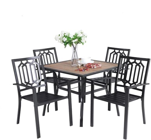 Sophia & William 5 Piece Outdoor Patio Dining Set Metal Table and Chairs Set with 37" Wood-Like Table Top and 1.57" Umbrella Hole - color: Geometry, size: 37" - Wood-like