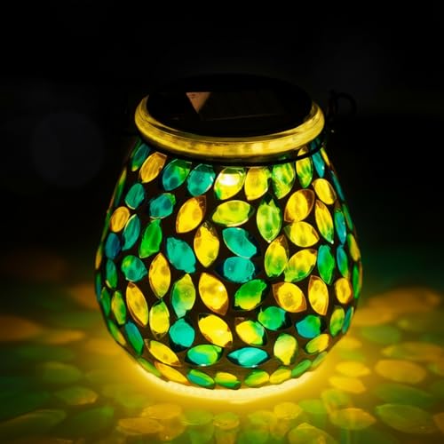 Starsoul Solar Lanterns Outdoor Waterproof, Unique Green Mosaic Glass Solar Garden Lights, Decorative Outdoor Lantern for Outside Patio Pathway Porch Yard Table - color: Green