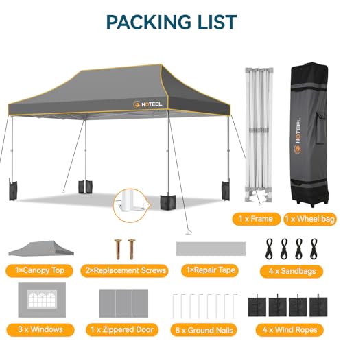 Hoteel 10x15 Pop Up Canopy Tent Heavy Duty with 4 Sidewalls, Waterproof Party Tent, Easy Set-up Commercial Instant Tents with Roller Bag & Sandbags, Hexagonal Leg (1-Year Warranty) - color: Gray, size: 10×15 （4 Walls）