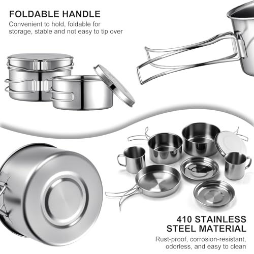 Stainless Steel Camping Cookware Mess Kit - Portable Backpacking Cooking Set with Pot/Plates/Cups & Storage Bag, Outdoor Cookware for Hiking, Picnic, Camping & Backpacking Adventures（8PCS）
