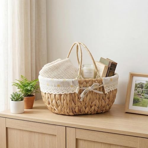 Wicker Picnic Basket with Folding Handles,Handwoven Water Hyacinth with Removable and Washable Lining,Oval Empty Basket for Toy,Flower,Wedding,Camping,Wine,Outdoor,Beach,Easter,Garden Picking