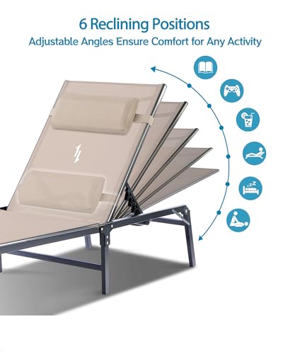4 Pack Foldable Chaise Lounge Chair with Cup Holder, Assemble-Free Outdoor Lounge Chair with Detachable Pillow and 6 Adjustable Backrest, Patio Lounge Chair for Outside Poolside Beach Pool, Khaki - color: Khaki, size: 4-Pack