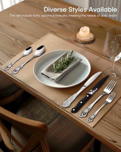 Silverware set for 4,Ollex 24PCS Retro Royal Silver Flatware Set with Box, Food-Grade Stainless Steel Silver Utensil Sets Includes Spoons Forks and Steak Knives, Mirror Finish Dishwasher Safe - color: Silver