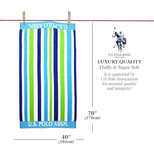 U.S. Polo Assn. Oversized (40” x 70”) Striped Nautical Design Beach Towel - Luxury Plush Cotton Hotel Quality for Bath, Pool - Lanai Stripe - color: Green/Blue -Lanai Double Jacquard, size: 40" x 70"