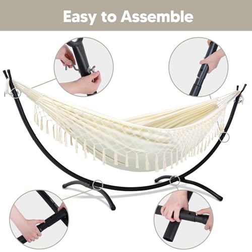 SUNCREAT Portable Outdoor Hammock with Stand Included, Double Hammock with Tassel for Outside, Beige - color: Tassel-beige