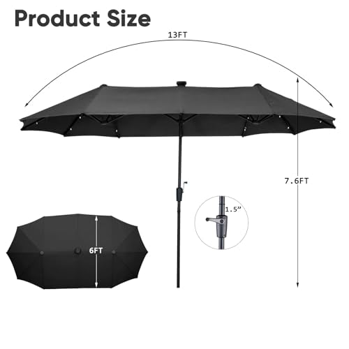 13Ft Large Patio Umbrella with Solar Lights Outdoor Double-Sided Market Table Umbrella Easy Crank for Yard, Poolside, Deck-Black - color: Black, size: 13FT Umbrella+Light