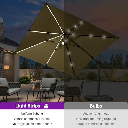 PURPLE LEAF 10 Feet Patio Umbrella Outdoor Cantilever Solar Powered LED Swivel Square Umbrella Aluminum Offset Umbrella with 360-degree Rotation for Garden Deck Pool Patio, Beige - color: Beige, size: 10' X 10', style: Left-right Tilt（LED）