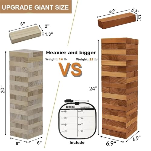 Juegoal 54 Piece Giant Tumble Tower Brown for Adult Kids Family, Wooden Block Stacking Game with Gameboard & Canvas Bag, Outdoor Games for Backyard Lawn Party Playing, 6.9 x 6.9 x 24 Inches,X-Large - color: Brown, size: X-Large