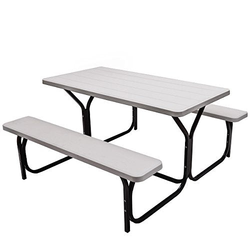 Giantex Picnic Table Bench Set Outdoor Camping All Weather Metal Base Wood-Like Texture Backyard Poolside Dining Party Garden Patio Lawn Deck Large Camping Picnic Tables for Adult (White) - color: White, size: 4.5FT