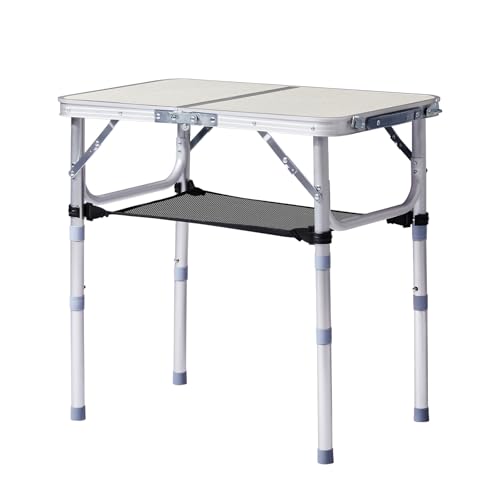 2FT Portable Folding Camping Table with 3 Adjustable Heights – Lightweight Aluminum Picnic & Patio Side Table with Mesh Shelf & Carry Handle for Outdoor Indoor Use, White
