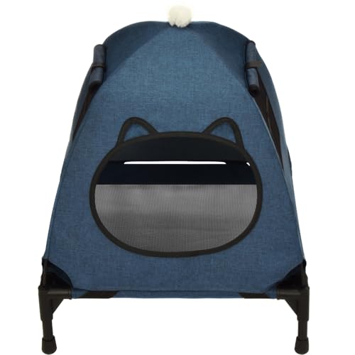 Pozico Elevated Pet Bed with Breathable Mesh for Small Cat and Dog, Raised Cooling Pet Cot for Puppy and Kitty, 18.9x18.9 inch (Navy Blue Bed with Canopy) - color: Navy Blue Bed with Canopy