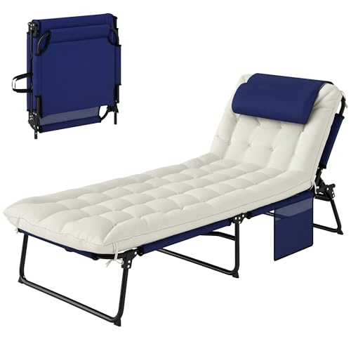 Outsunny Folding Chaise Lounge with 4-Level Reclining Back, Outdoor Tanning Chair with Cushion, Outdoor Lounge Chair with Breathable Mesh Fabric, Side Pocket, Headrest, Navy Blue - color: Navy Blue
