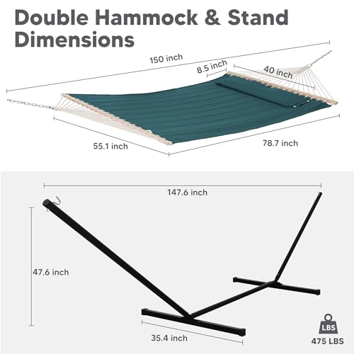 SUNCREAT Hammocks Extra Large Double Hammock with 12 ft Stand for Outside, 475lbs Capacity, Outdoor Portable Hammock with Hardwood Spreader Bar, Extra Large Pillow, Dark Green - color: Dark Green, size: 12 ft Stand