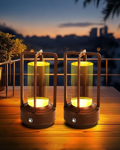 Set of 2 Cordless Table Lamps, LED Rechargeable Battery Operated Desk Lamps with 3 Color Stepless Dimmable, Small Light Portable for Outdoor Patio Bar Restaurants Bedroom Bedside (Brown) - color: Brown