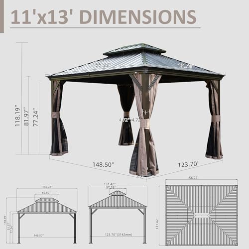 Domi 11' X 13' Hardtop Gazebo, Upgraded Metal Gazebo with Drainage System, Dual-Layer Galvanized Steel Roof, Curtain and Netting, Outdoor Shelter Canopy for Patio, Garden, and Backyard, Brown - color: Brown, size: 11'x13'/w gutter