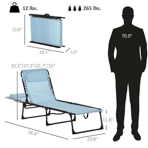 Outsunny Folding Chaise Lounge Chair, Patio Sun Tanning Chair, Outdoor Chaise Lounger with 4-Position Reclining Back, Breathable Mesh Seat for Beach, Poolside, Yard, Baby Blue - color: Sky Blue, size: 1 Pack
