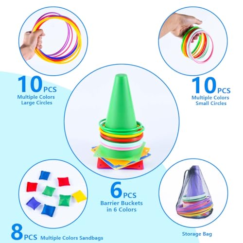 OBTANIM 26 Pcs Plastic Colorful Cones Ring Toss Combo Set Outdoor Carnival Games for Kids Adults Birthday Party Throwing Backyard Games - style: Cones Ring with Bean Bags