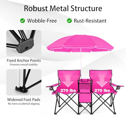 Goplus Double Camping Chair with Umbrella, Folding Loveseat Chairs w/Canopy Shade, Carrying Bag, Table, Cup Holder, Portable Beach Chairs Outdoor Picnic Patio (Pink) - color: Pink
