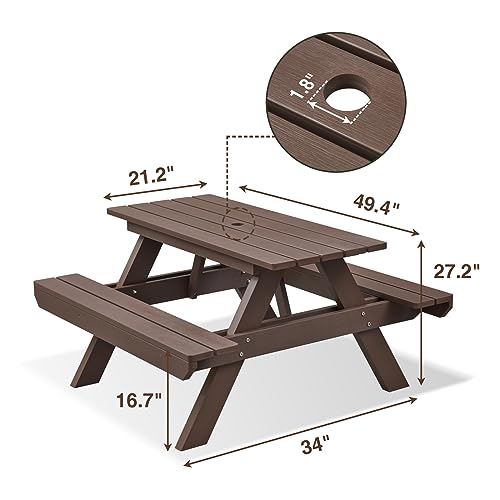 Psilvam Picnic Table with Benches, Heavy Duty Poly Lumber with Umbrella Hole, Weather & UV Resistant Outdoor Picnic Bench Table with Umbrella Hole（Dark Brown）