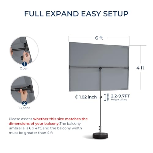 HOMSHADE 6x4ft Outdoor Balcony Umbrella - Flat Porch Pool Patio Umbrella Rectangular Canopy Shade UPF50+ UV Protection 360° Rotating & Tilting All Angles Applicable (Grey, No Base) - color: Gray