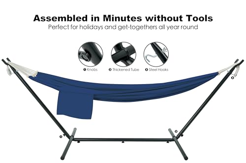 Gafete Double Hammock with Stand for Outside, Upgraded Spreader Bar, Heavy Duty Space Saving Steel Stand 2 Person, Side Pockets, Easy Assembly, 600lbs Weight Capacity, Indoor & Outdoor (Navy Blue) - color: Navy Blue
