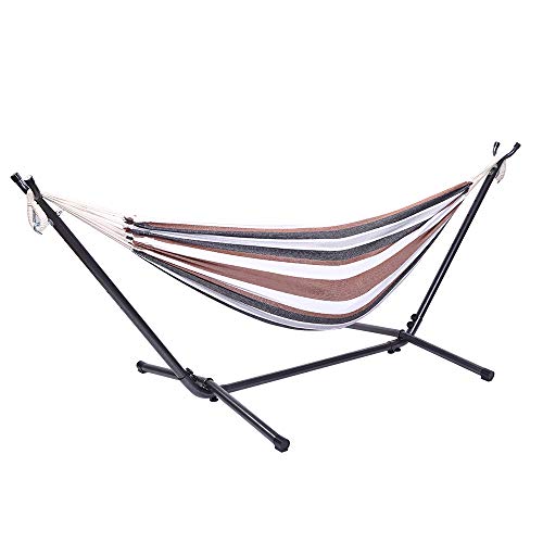 Double Hammock with Steel Stand, Adjustable Hammock Bed,Portable Outdoor Polyester Hammocks Set,2-Person Heavy-Duty Hammocks for Camping Garden Backyard Patio,250lbs Capacity (Coffee Stripe) - color: Coffee Stripe