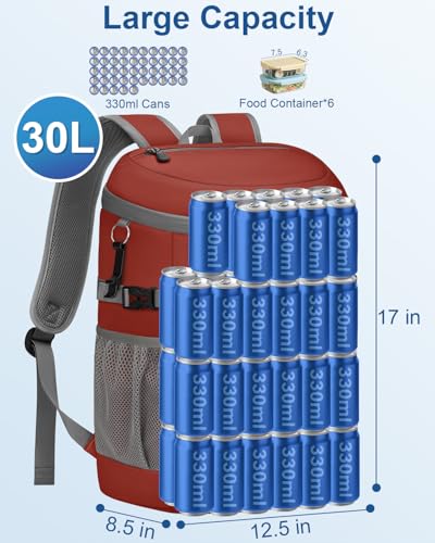 Pritent Cooler Backpack Insulated Waterproof,30/45 Cans Backpack Coolers Leakproof Lunch Backpack for Men Women Portable Soft Cooler Bag for Beach Camping Trave Picnic - color: leather red, size: 45 Cans