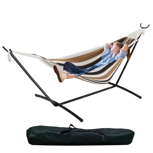 GarveeHome Double Hammock with Stand - Heavy Duty 450lbs Capacity, Portable Cotton Hammock for Two Adults, Indoor & Outdoor Use with Travel Bag(Coffee) - color: Coffee