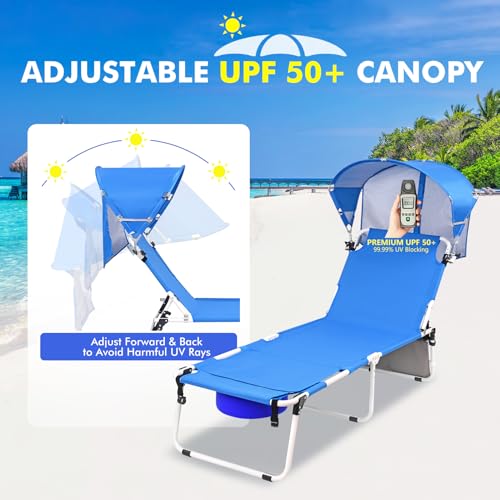 Wheel-To-Go Tanning Chair with Wheels Sun Canopy Umbrella Face Hole Thicker Washable Adjustable, Heavy Duty Folding Lay Flat Sun Lounge Chair Beach Outside Sunbathing Reading, UPF 50+ (Patent Design) - color: Royal Blue, style: Standard Size + Sun Canopy