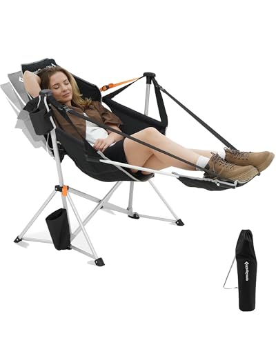 KingCamp Hammock Chair with Footrest – Heavy Duty Swinging Rocking Camping Chairs for Adults up to 400lbs, Folding Portable Oversized Rocker with Cup Holder & Pillow for Outdoor Beach Lawn RV Sports - color: Footrest Deluxe Black/Grey