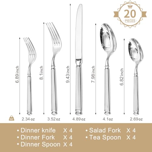 KINGSTONE Silverware Set, 20-Piece 18/10 Stainless Steel Flatware Set - Roman Column Embossed Thick Handle, for Wedding, Home, Restaurant, Kitchen and Party, Mirror Polish & Dishwasher Safe - size: 20-Piece